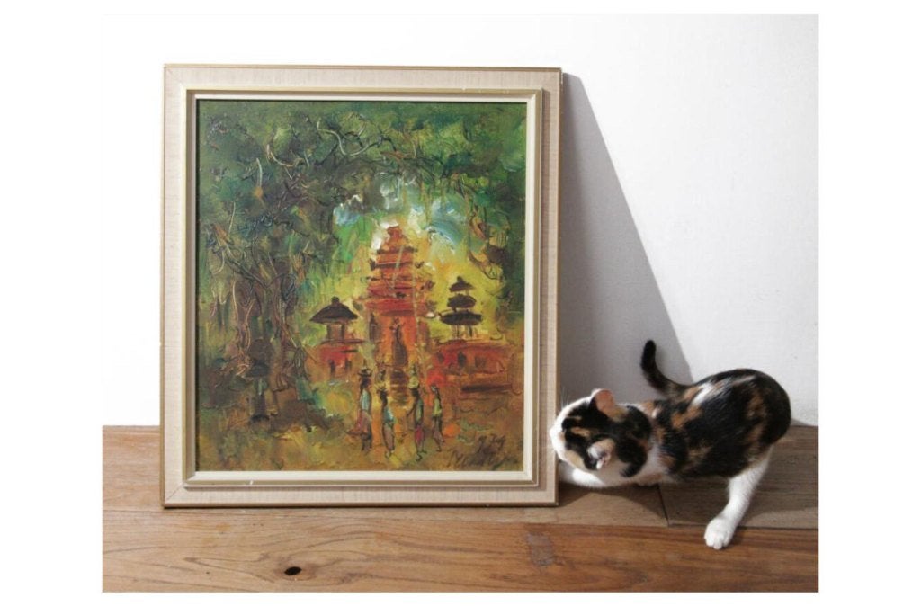 Indonesische Tempel - Maria Tjui, 1979, Ingelijst, Olieverf, Textiel, Landschap