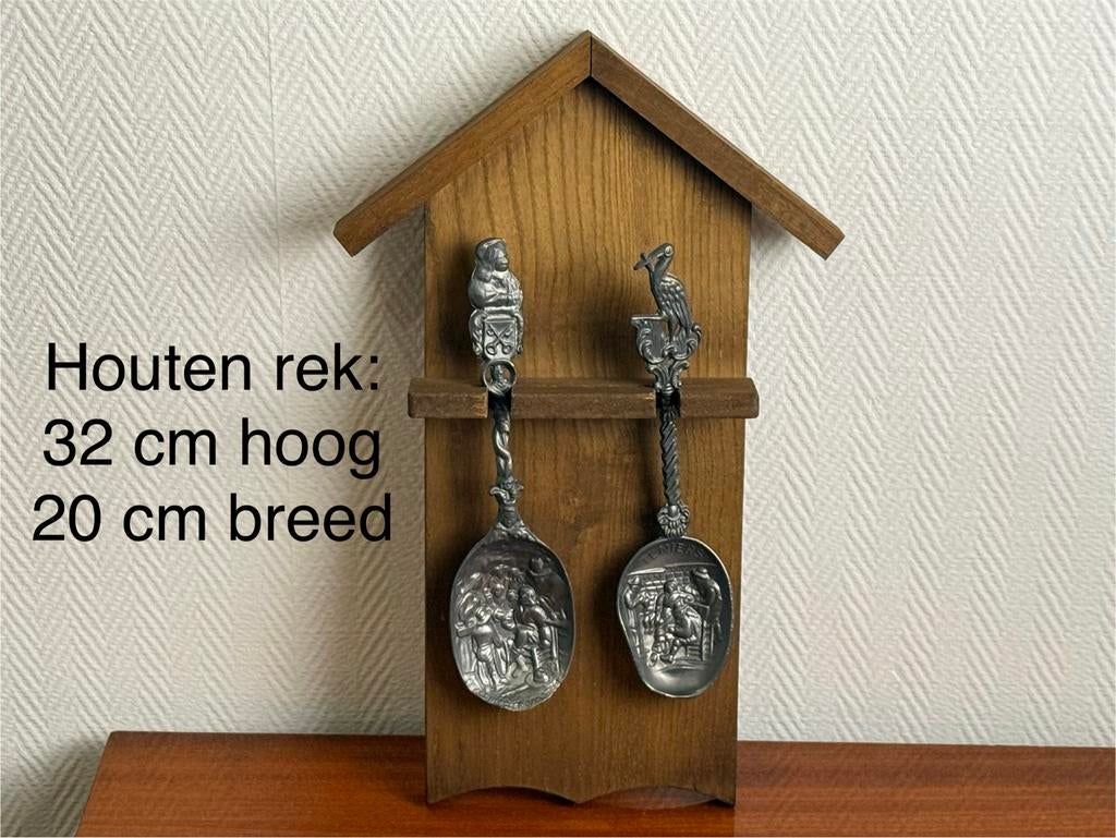 Vintage houten rek met tinnen lepels - 32x20 cm, Ophalen of Verzenden
