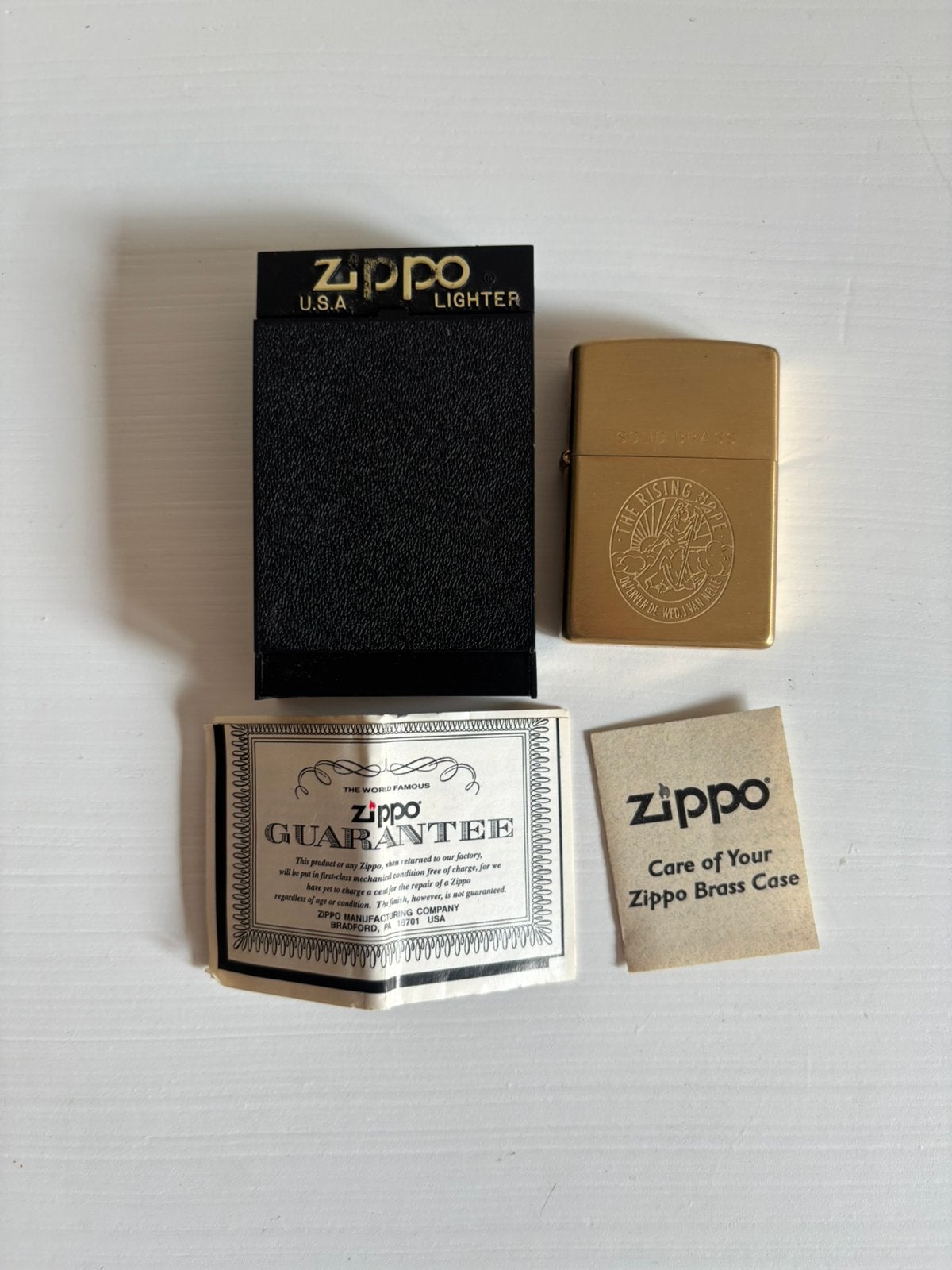 Vintage Zippo Solid Brass Van Nelle “The Rising Hope”, Ophalen of Verzenden, Aansteker