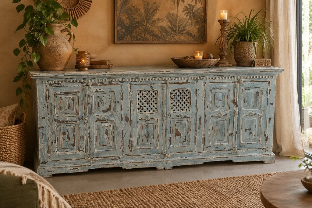 Verweerd blauw India Ibiza dressoir, Ophalen of Verzenden, 50 tot 75 cm, Gebruikt, Met deur(en)