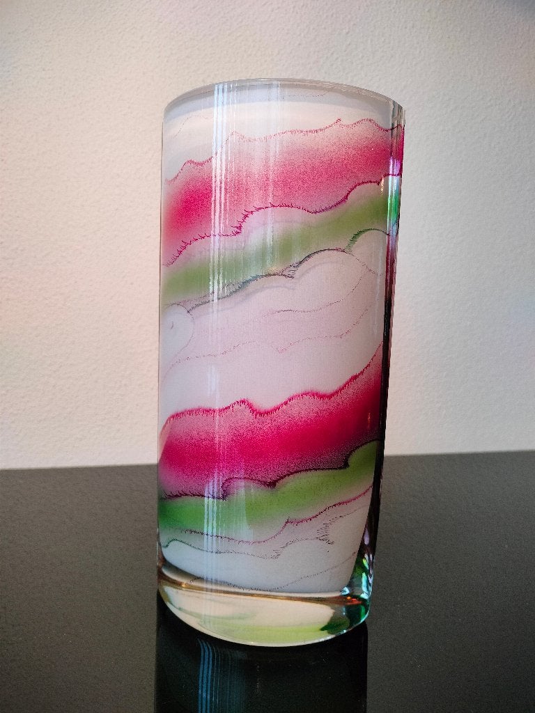 Vaas Glas Pastel Wit Roze Ovaal 1990, Antiek en Kunst, Ophalen of Verzenden