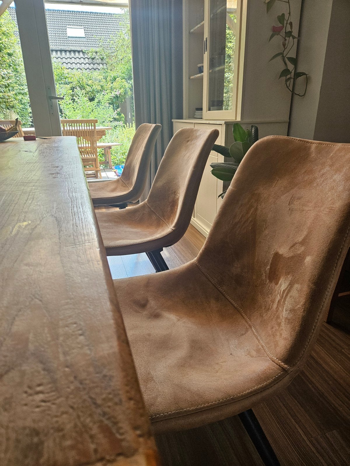 6 stoffen kuipstoelen MX Sofa met metalen poten, Huis en Inrichting, Stoelen, Ophalen, Gebruikt, Bruin, Stof