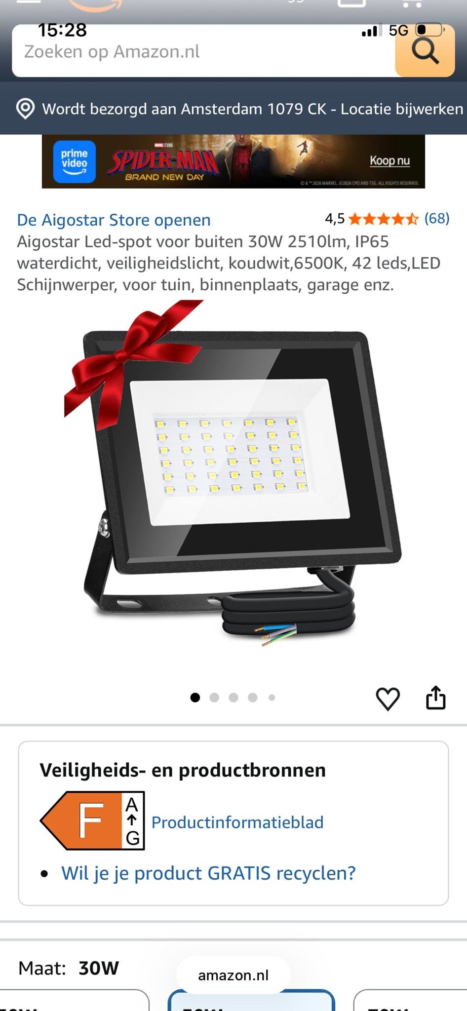 Aigostar LED Buiten Schijnwerper 30W IP65 Koud Wit, Minder dan 50 watt, Ophalen of Verzenden, Netvoeding, Spots