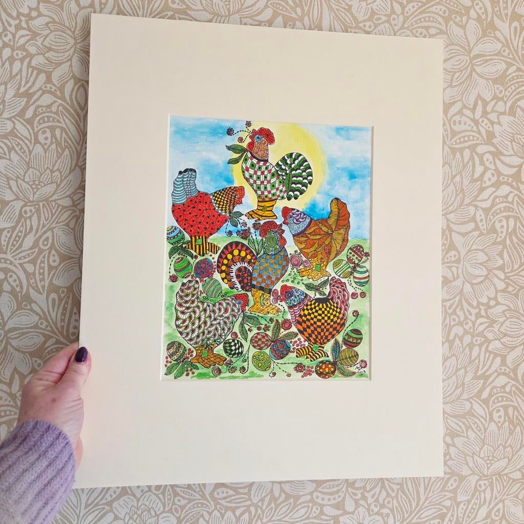 Kunstwerk Aquarel- Pen tekening Marja Visscher Paas kippen, Ophalen of Verzenden