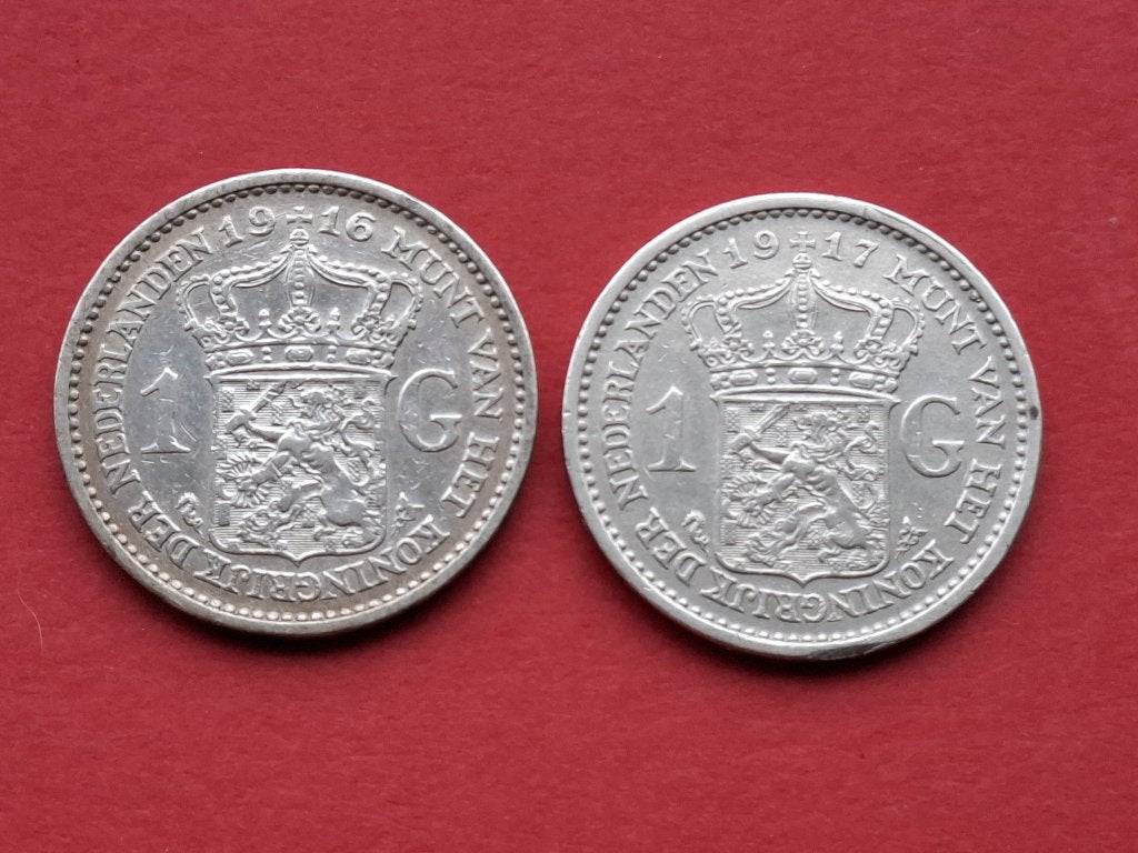 1 gulden 1916 en 1917, 1 gulden, Zilver, Ophalen of Verzenden, Koningin Wilhelmina
