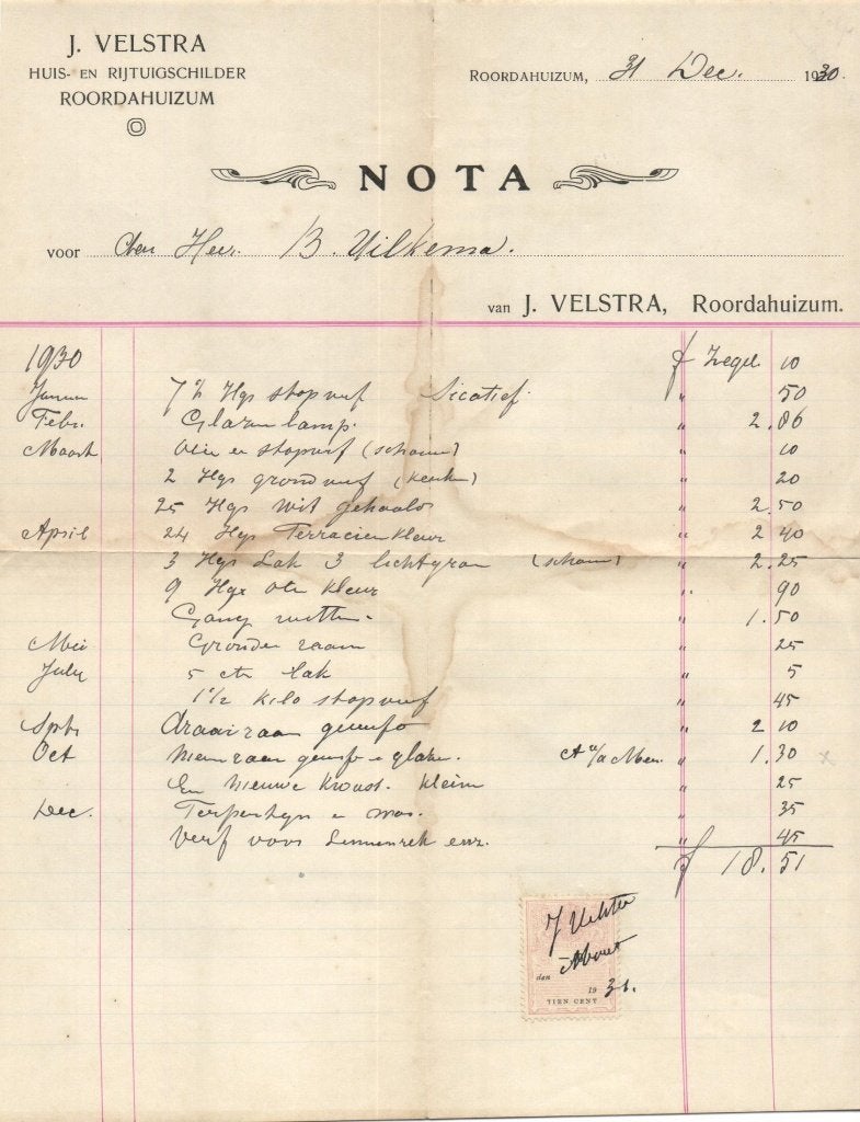 Roordahuizum -oude factuur J. Velstra -Rijtuigschilder -1930, Verzenden, Gebruikt