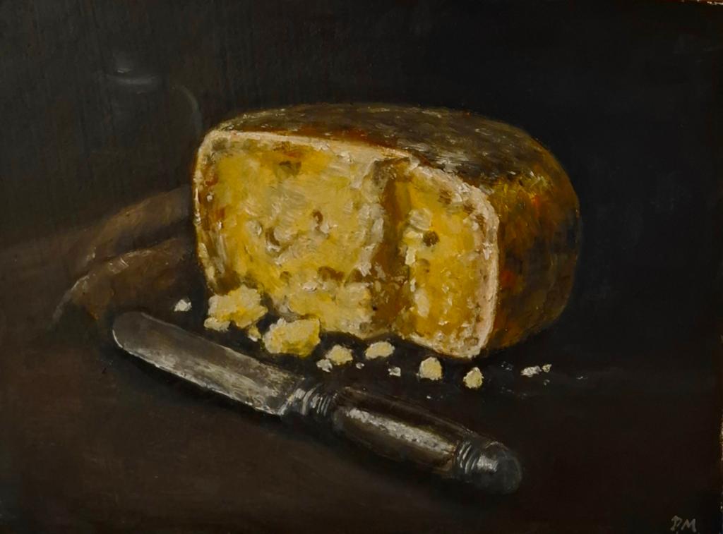 Olieverfschilderij: Kaas en mes, stilleven, Ophalen of Verzenden