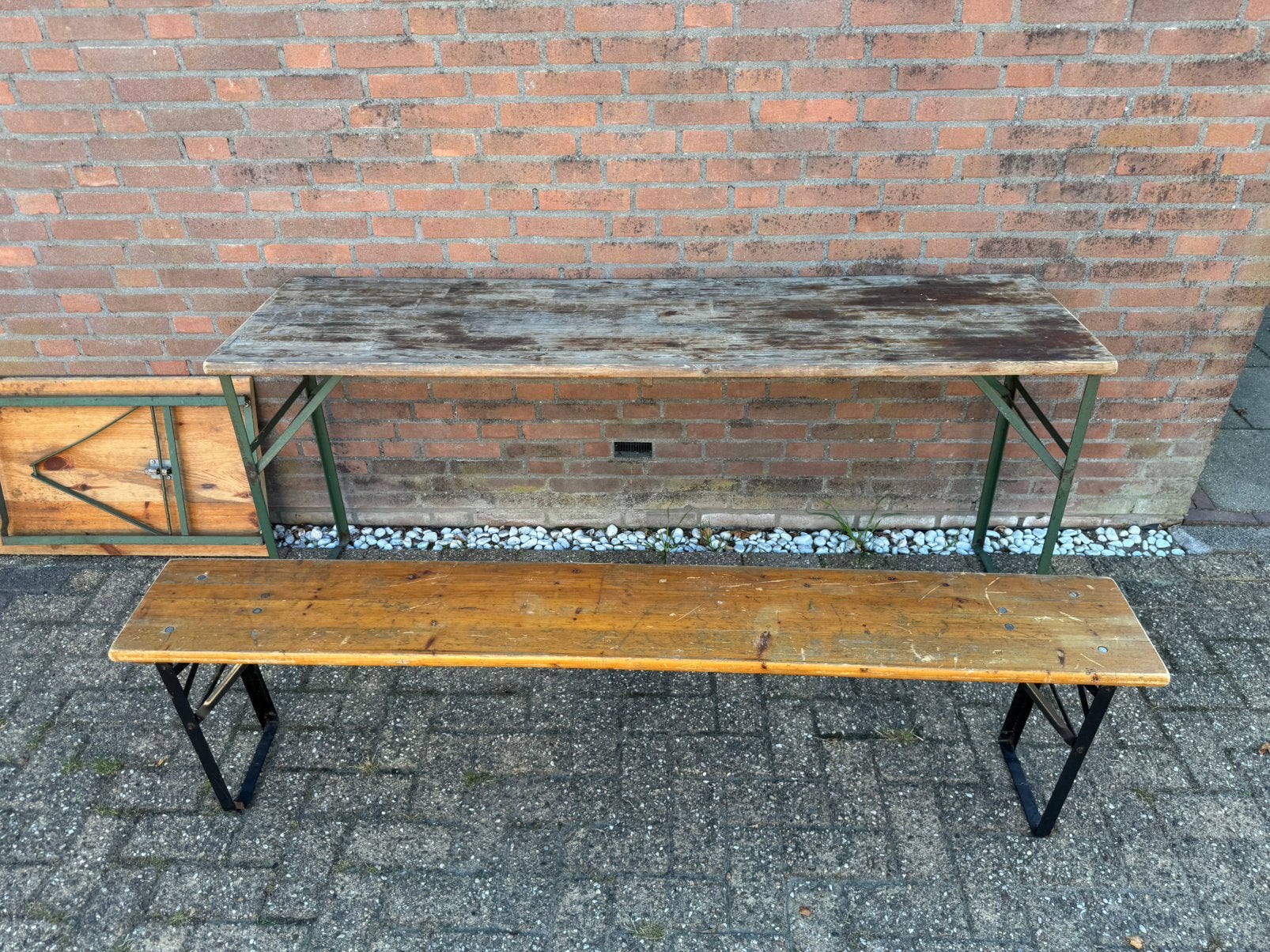 2 houten klaptafels en 1 klapbankje, Ophalen, Gebruikt, 75 cm of meer, 60 cm of meer
