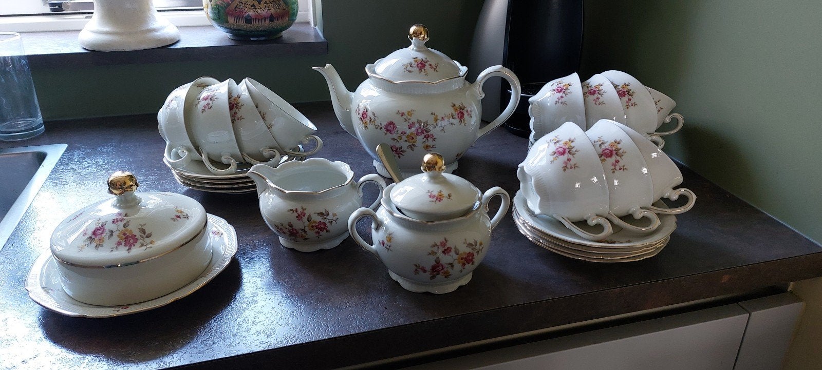 Vintage J.G. & H. Theeservies met Rozenmotief, Antiek en Kunst, Ophalen