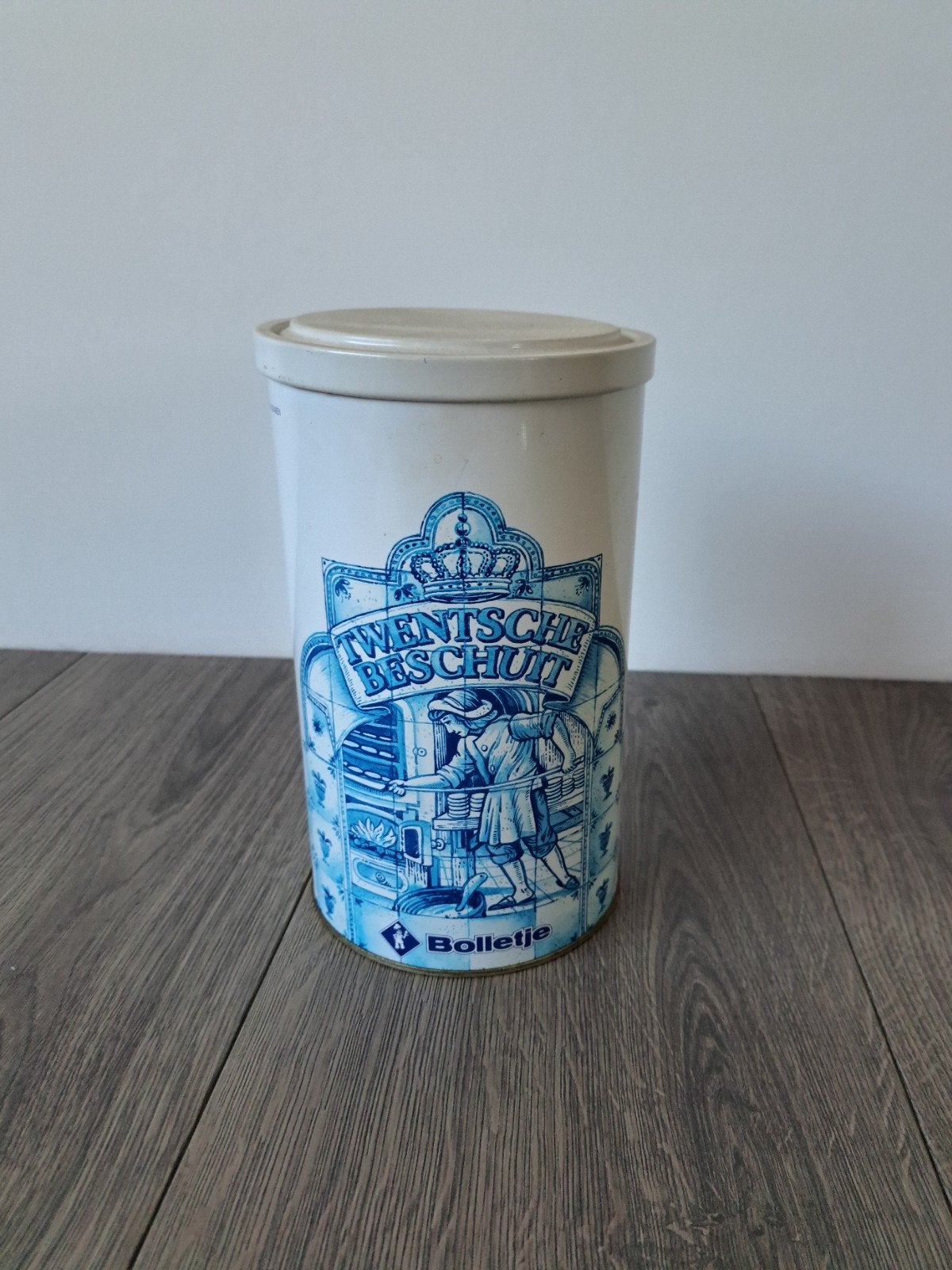 Vintage beschuitbus Twentsche beschuit Bolletje hoogte 21 cm, Verzamelen, Ophalen of Verzenden, Gebruikt, Beschuit, Bolletje