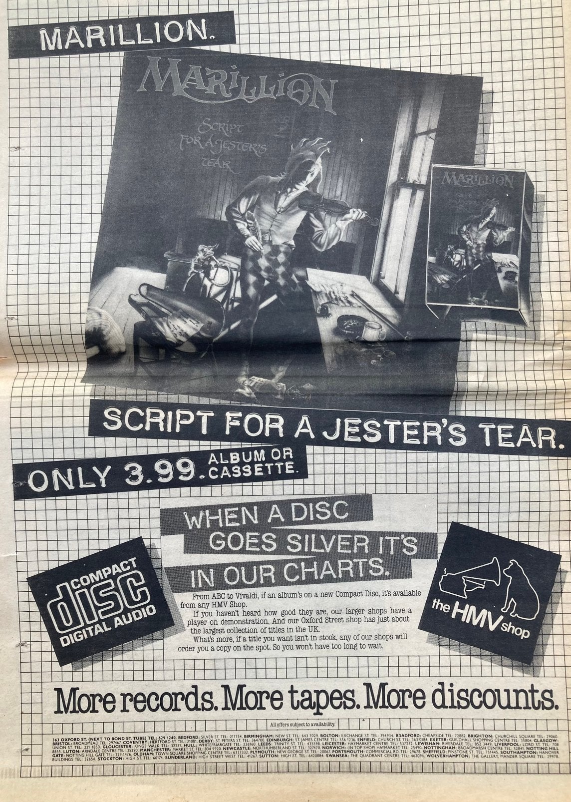 Paginagrote A3 advertentie MARILLION Script For A Jesters, Ophalen of Verzenden, Gebruikt