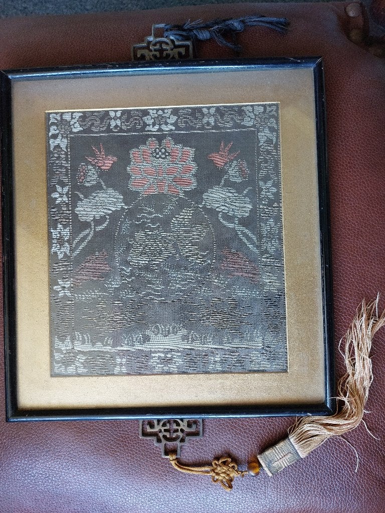 1920 Chinees ingelijst zijdebrokaat met gelukssymbolen, Ophalen of Verzenden