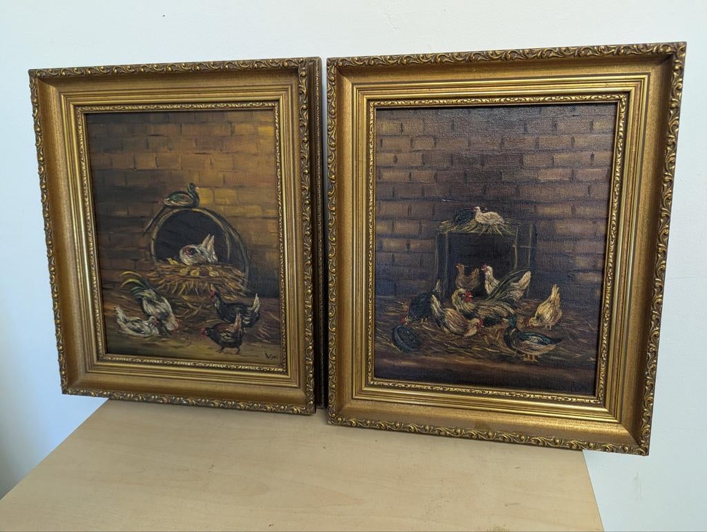 2x schilderij met kippen, Minder dan 50 cm, Ophalen of Verzenden, Zo goed als nieuw, Minder dan 50 cm