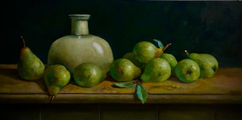 Stilleven met peren en vaas - Olieverf op paneel, Antiek en Kunst, Kunst | Schilderijen | Klassiek, Ophalen of Verzenden