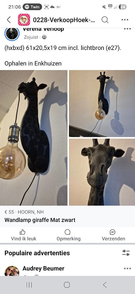 Giraffe wandlamp, Ophalen, Zo goed als nieuw, Glas, Industrieel