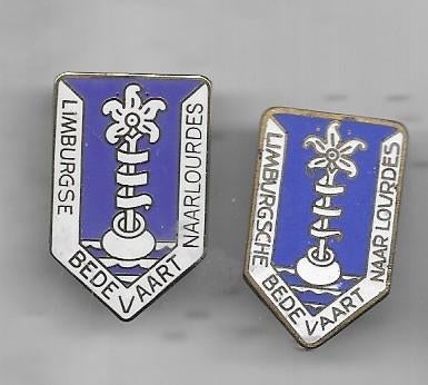 2 EMAILE LIMBURGSE LOURDES BEDEVAARTEN BROCHE SPELDEN, Verzenden, Gebruikt, Overige onderwerpen, Speldje of Pin