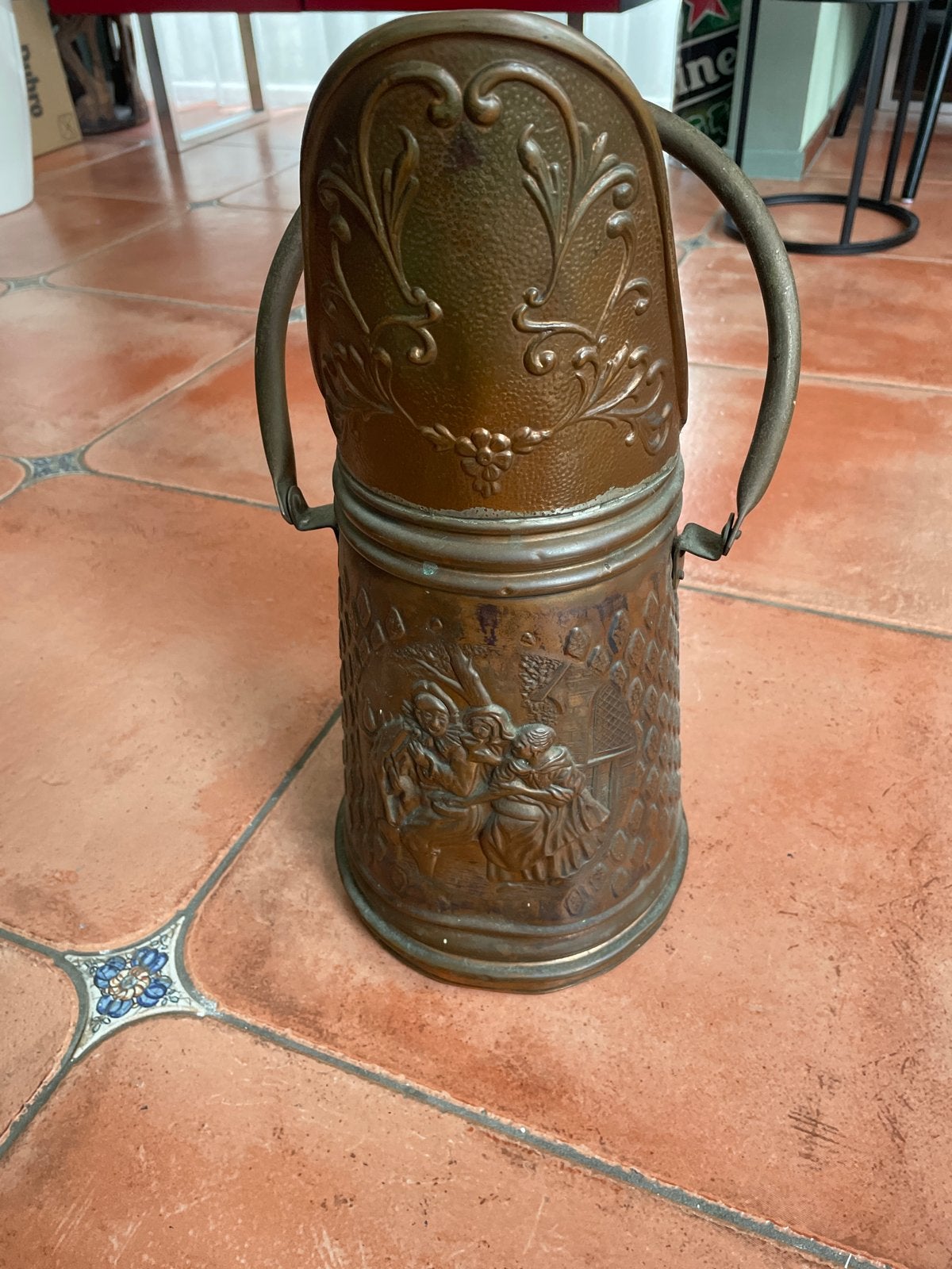 Antieke/Vintage Roodkoperen Kolenkit met Reliëf, Ophalen of Verzenden, Koper