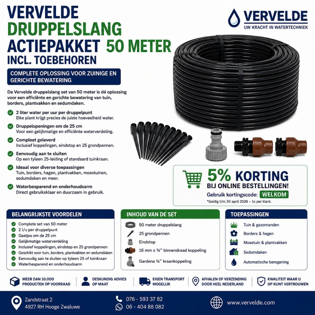 druppelslang actiepakket 50 meter incl. toebehoren, Tuin en Terras, Druppelsystemen, Vervelde, Nieuw, Ophalen of Verzenden, Zandstraat 2 4927 rh Hooge Zwaluwe