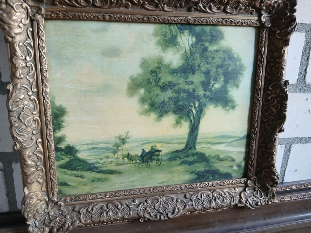 Oud Schilderij: Landschap met Koets en Figuren, Ophalen of Verzenden