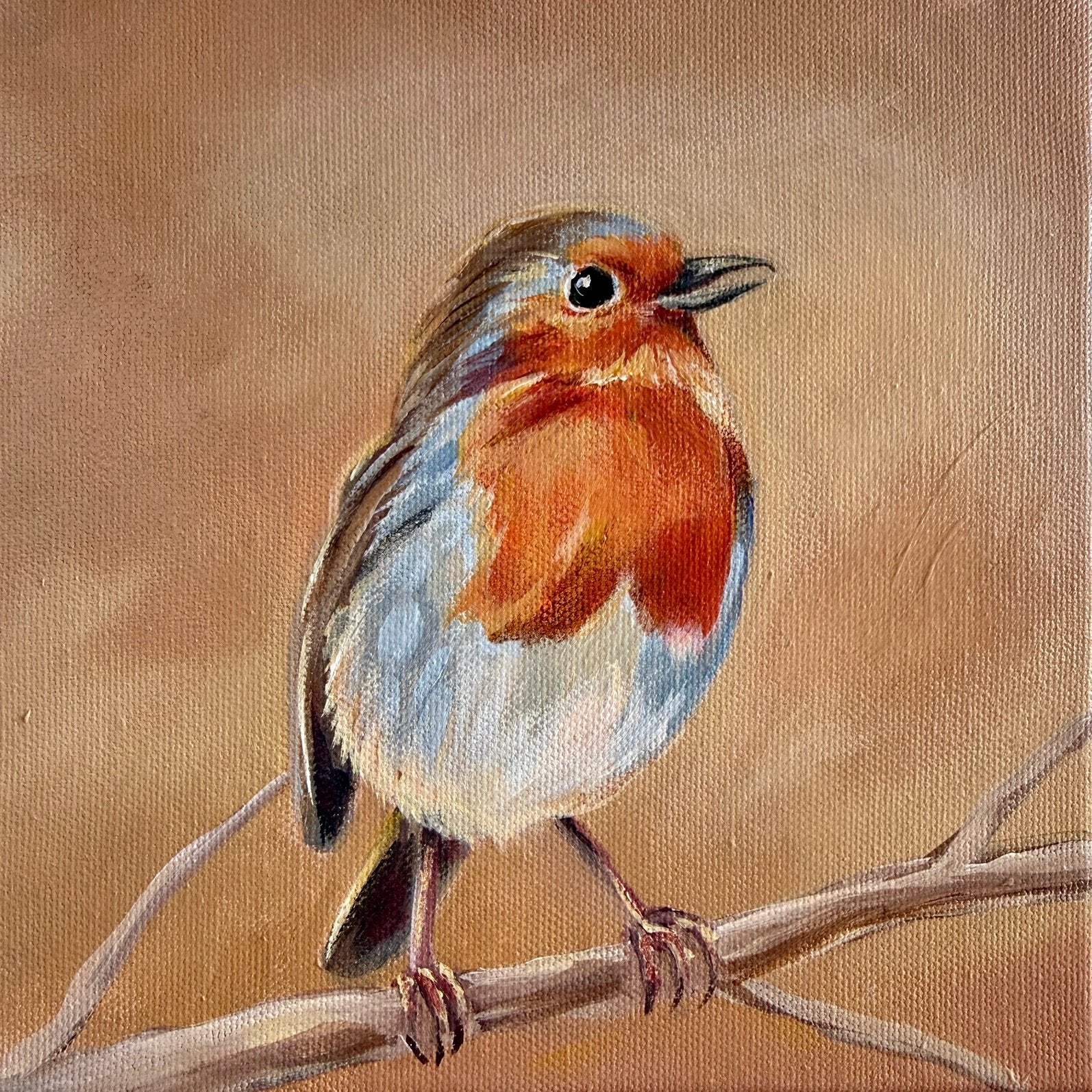 Schilderij roodborstje uit eigen atelier, Acrylverf, Ophalen of Verzenden, Dieren, Overige materialen