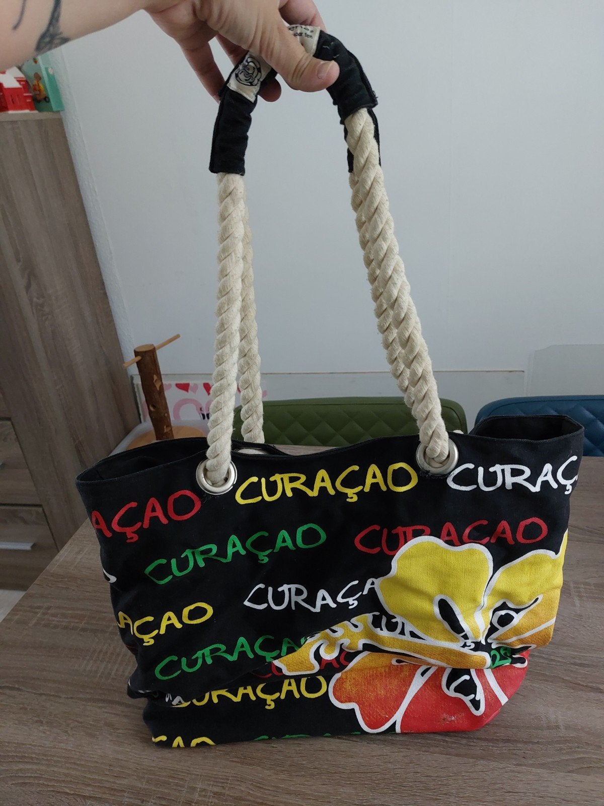 Curacao Strandtas - Zwart met kleurrijke opdruk, Ophalen of Verzenden