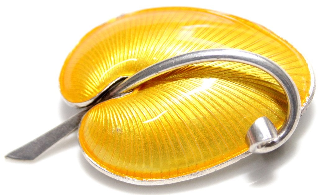 Prachtig Deens Zilver Geel Emaille Blad Broche Volmer Bahner, Ophalen of Verzenden, Zilver, Broche