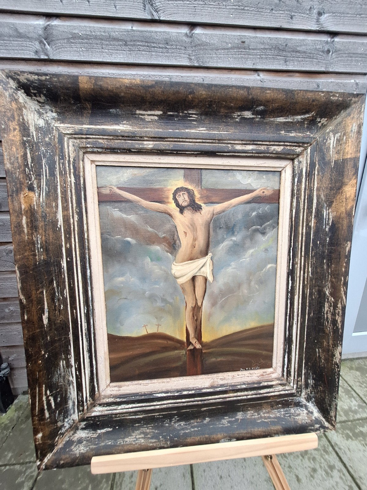 Oud schilderij Jezus aan het kruis - religieuze kunst, Ophalen of Verzenden