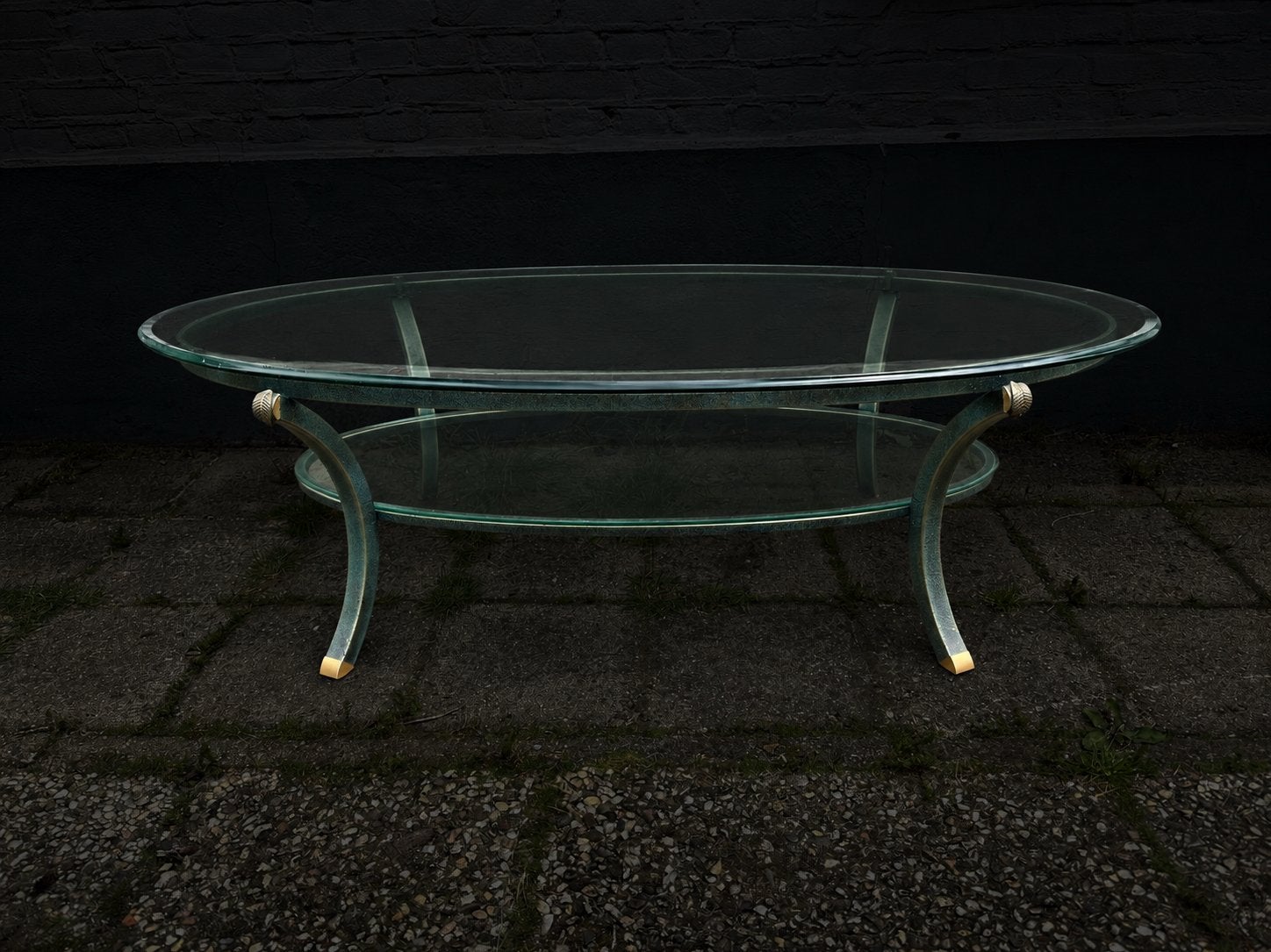 Zware glazen salontafel metaal (groen/goud), 75 cm of meer, Ophalen, 45 tot 60 cm, Glas