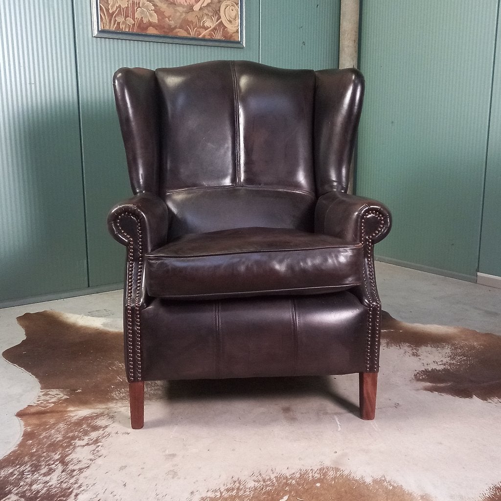 Stoere zwarte schaapsleren vintage Bendic wingback fauteuil, Huis en Inrichting, Fauteuils, Ophalen of Verzenden, 75 tot 100 cm