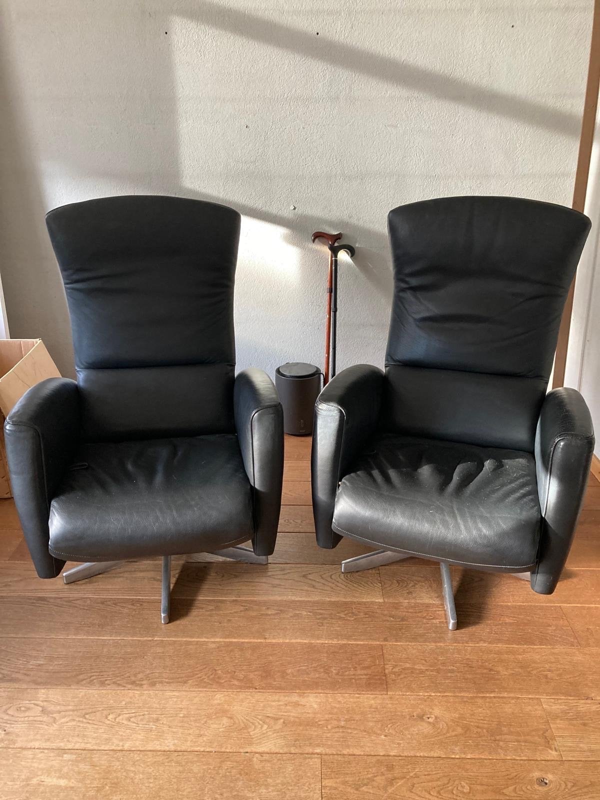 2 zwarte Jori leren verstelbare relax fauteuils, Huis en Inrichting, Fauteuils, Ophalen, Gebruikt, Leer, 75 tot 100 cm