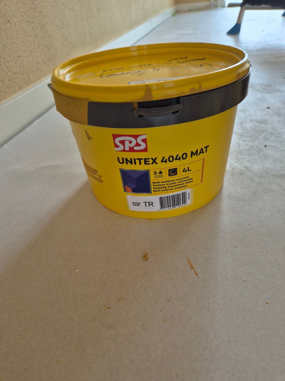SPS Unitex 4040 Mat Verf - Mosterdgeel (max. 1L gebruikt), Gebruikt, Geel, Ophalen of Verzenden, Verf