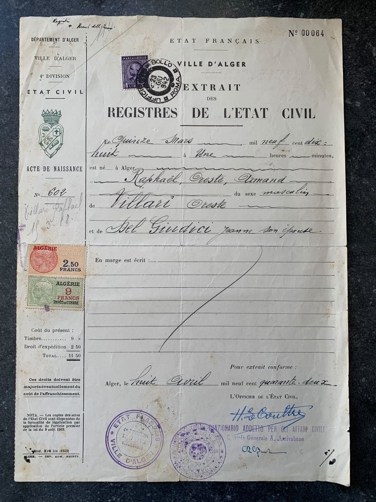 Algerije Italie '42 belasting fiscaal revenue op doc., Verzenden, Gestempeld