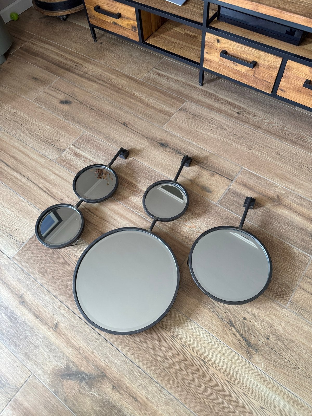 Industriële ijzeren spiegel set van Basic Label, Ophalen, Gebruikt, Rond, 100 tot 125 cm