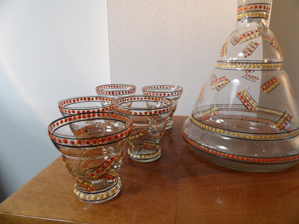 Art Deco Likeur Set - Boheems, Oranje/Geel Emaille, Antiek en Kunst, Ophalen of Verzenden