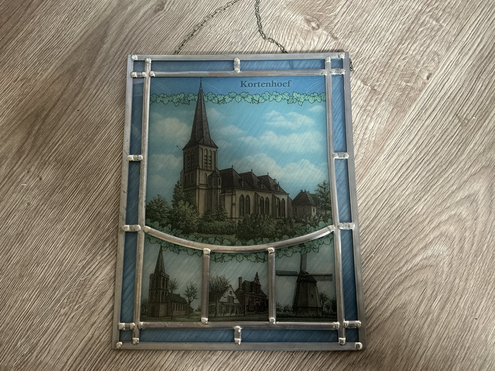 Vintage Glas-in-lood Raamhanger Kortenhoef Kerk Molen, Antiek en Kunst, Ophalen of Verzenden