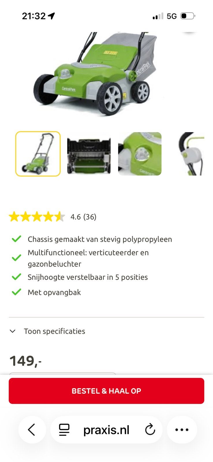 Central Park Elektrische Verticuteermachine CPE1536 - 1500W, Tuin en Terras, Verticuteermachines, Ophalen, Zo goed als nieuw, Elektrisch
