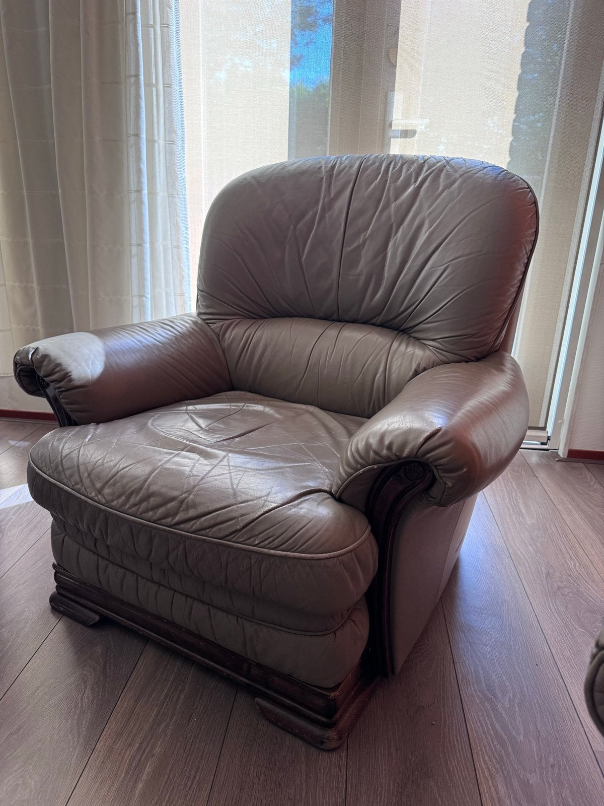 Leren bank en fauteuil set - Grijs, Ophalen, Gebruikt, 150 tot 200 cm, Tweepersoons