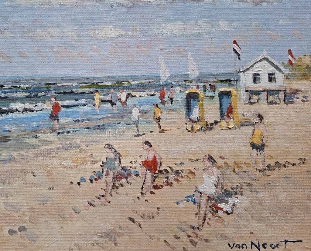 A C VAN NOORT - ZONNIG STRANDGEZICHT, Antiek en Kunst, Ophalen of Verzenden