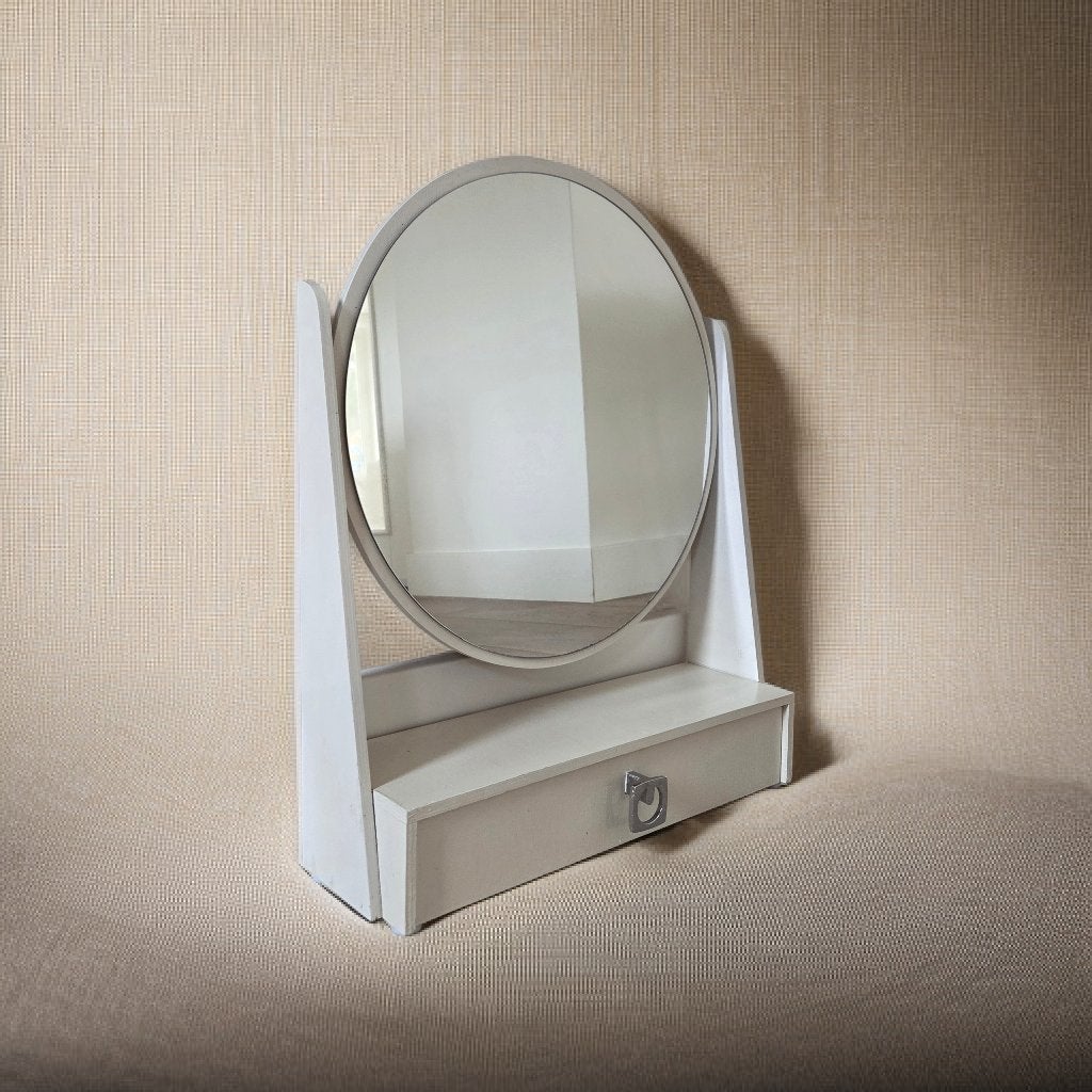 Vintage make-up spiegel met opbergvakje van echt hout., Ophalen of Verzenden, Rond, Minder dan 50 cm, Minder dan 100 cm