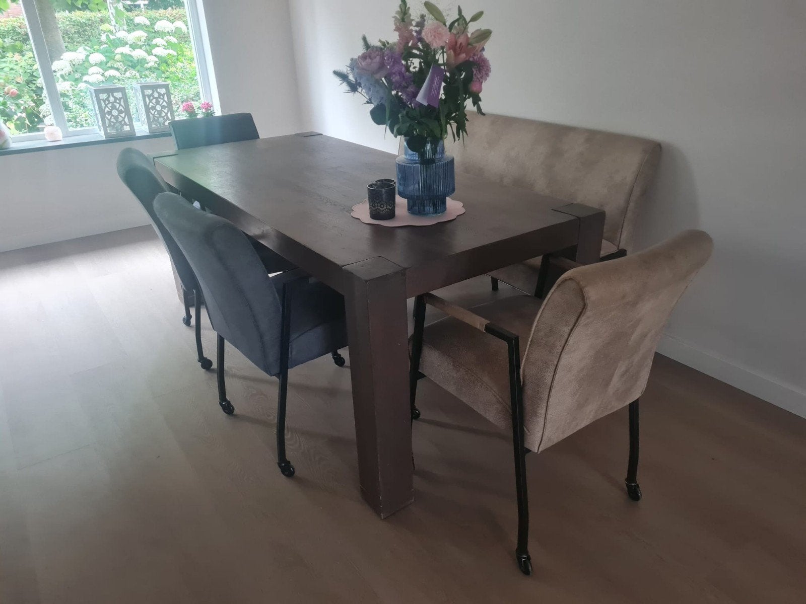 Eettafel 200x90 cm met 4 stoelen en een bankje, Ophalen, Twee, Modern, Industrieel, Blauw