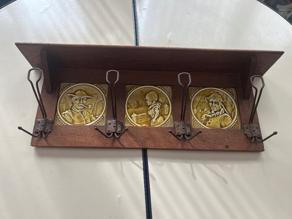 Antieke Jugendstil Eiken Kapstok met 3 Tegeltjes Volendam, Antiek en Kunst, Ophalen