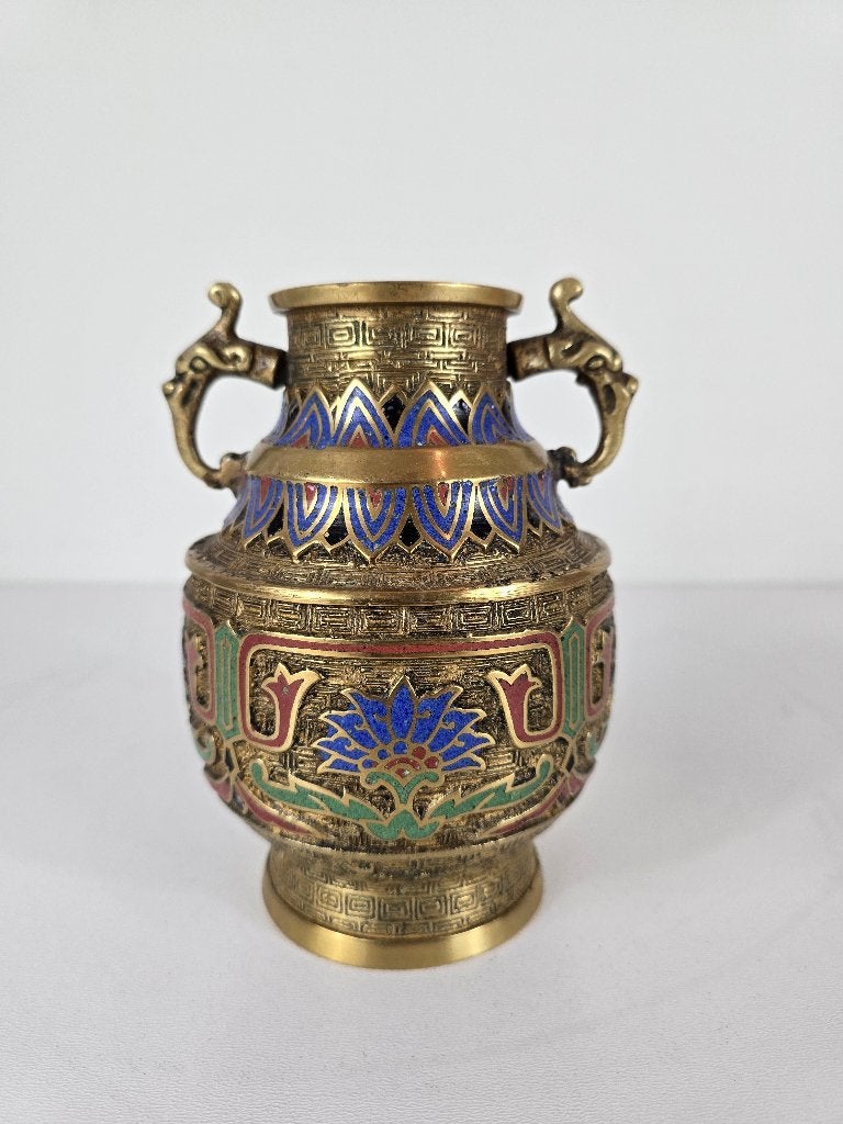 Prachtige champlevé-emaille vaas, Japan, midden 20e eeuw, Ophalen of Verzenden, Brons