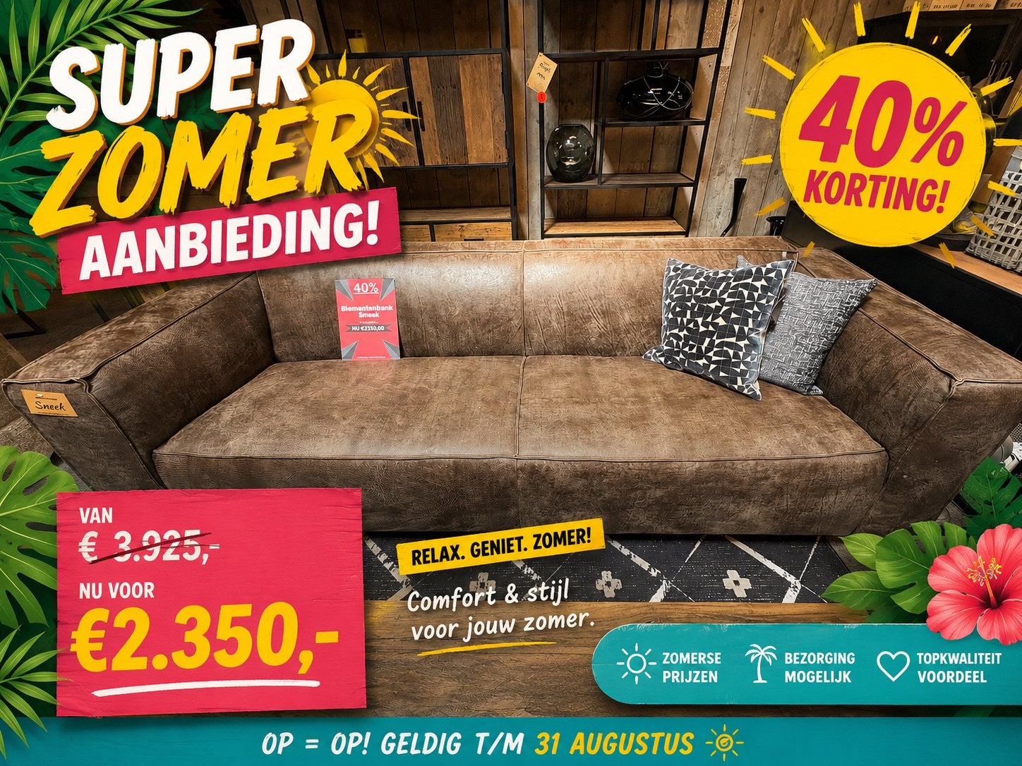 Zomeraanbieding lederen bank Sneek, Huis en Inrichting, Banken | Bankstellen, Nieuw, Rechte bank, Vierpersoons of meer, Leer