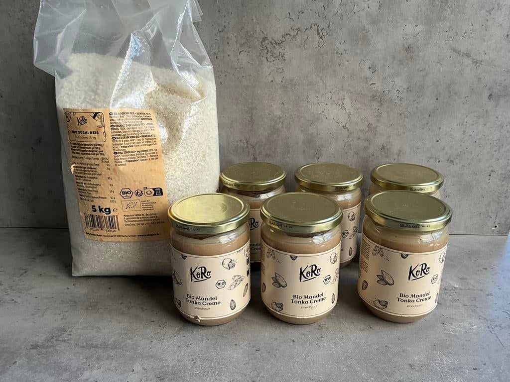 KoRo bio mandel Tonka creme 6 stuks / bio sushi rijst 5 kilo, Ophalen, Nieuw