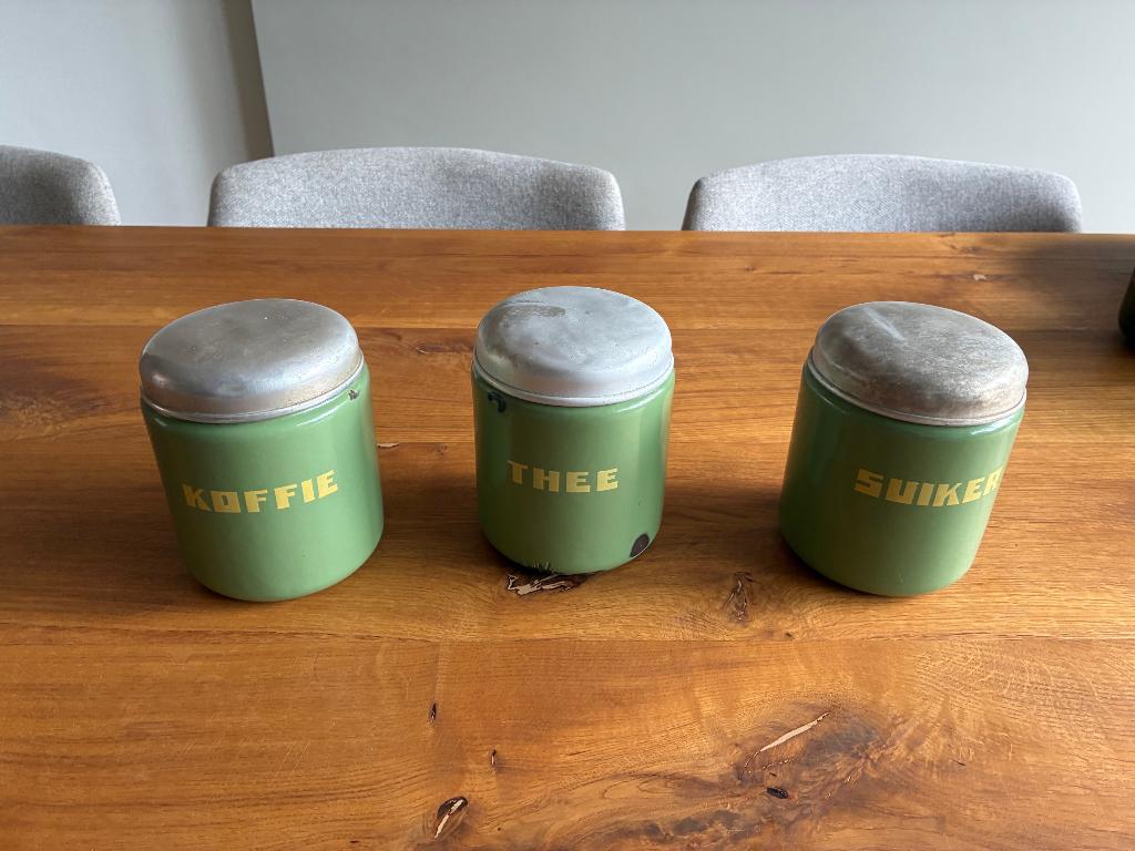 blik emaille Can enamel jaren 30 koffie thee suiker blikken, Ophalen