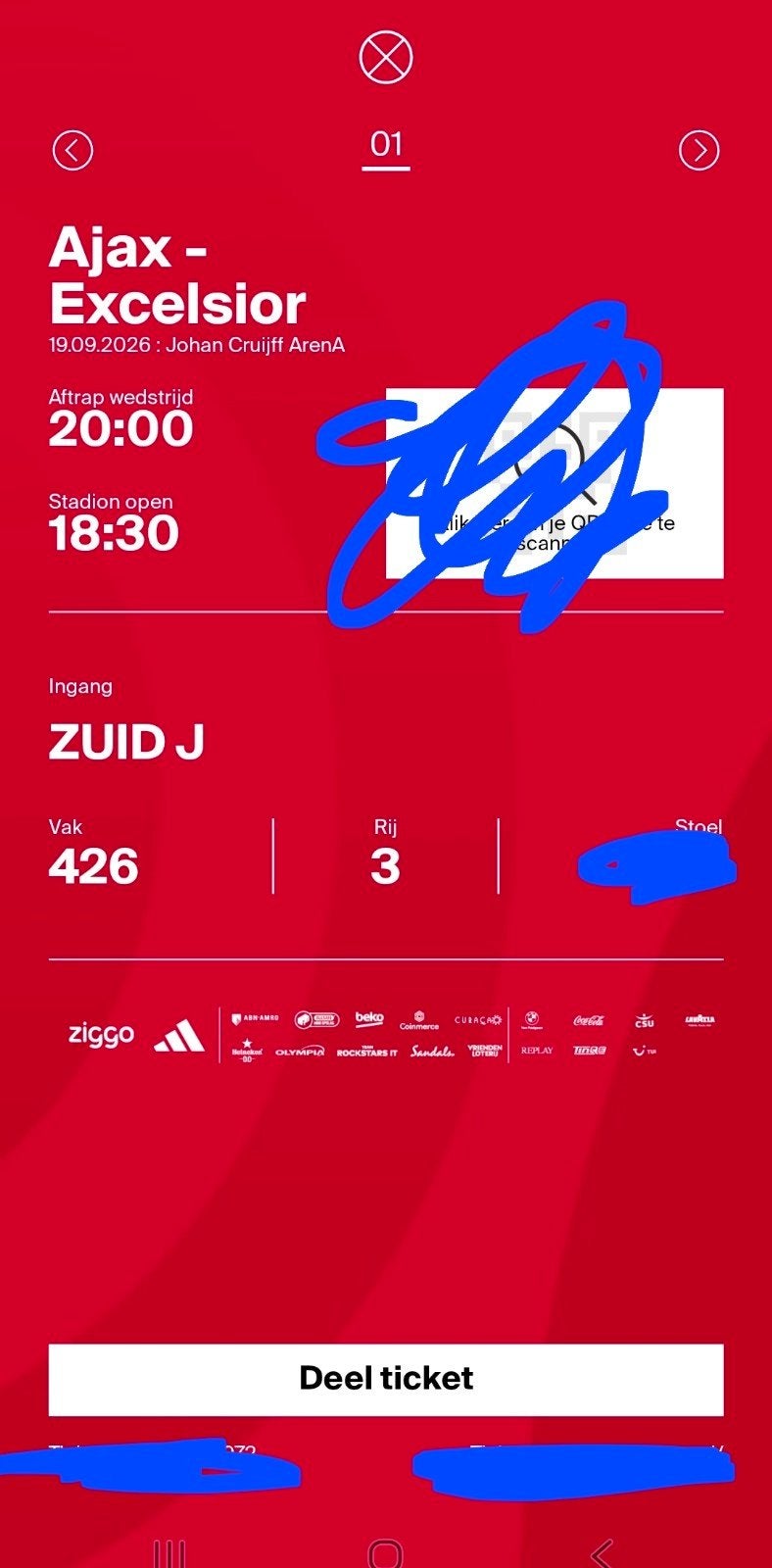 1 Kaart ajax excelsior vak 426 
30€, Eén persoon, November