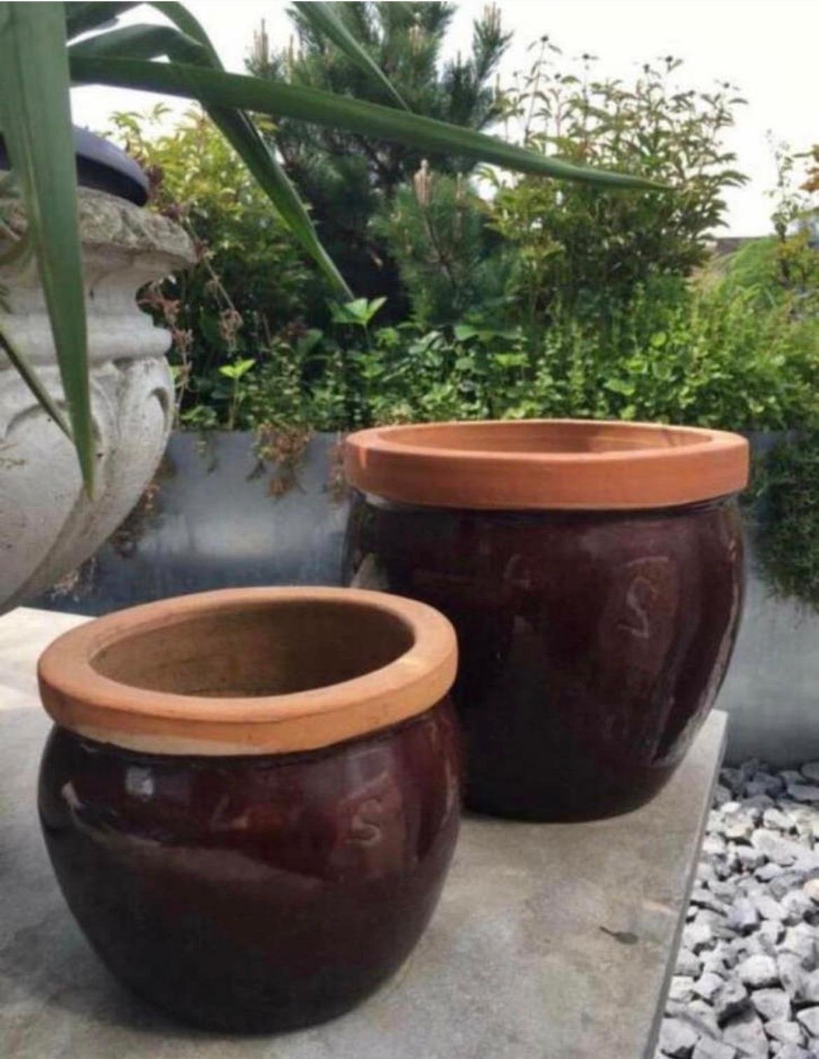 Set van 2 oud Hollandse terracotta bloempotten met glazuur, Tuin en Terras, Bloempotten, Gebruikt, Rond, Binnen, Minder dan 40 cm