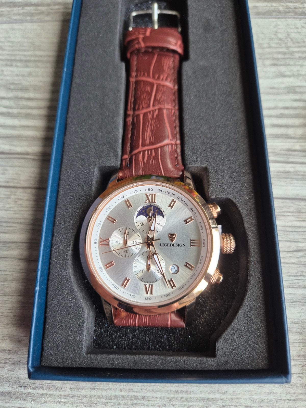 Heren Horloge met Maanstand - LIGE DESIGN, Ophalen of Verzenden, Nieuw, Leer, Overige merken