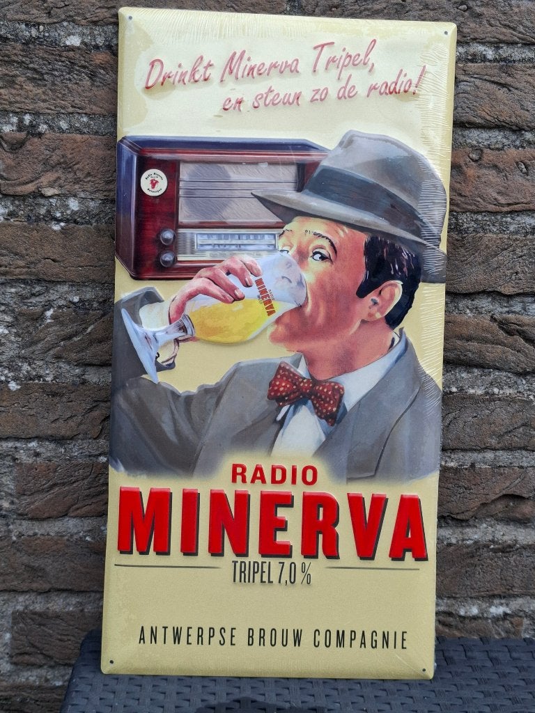 Reclamebord Radio Minerva (drinkt Minerva Tripel en steunt z, Ophalen of Verzenden, Nieuw, Reclamebord, Plaat of Schild, Overige merken