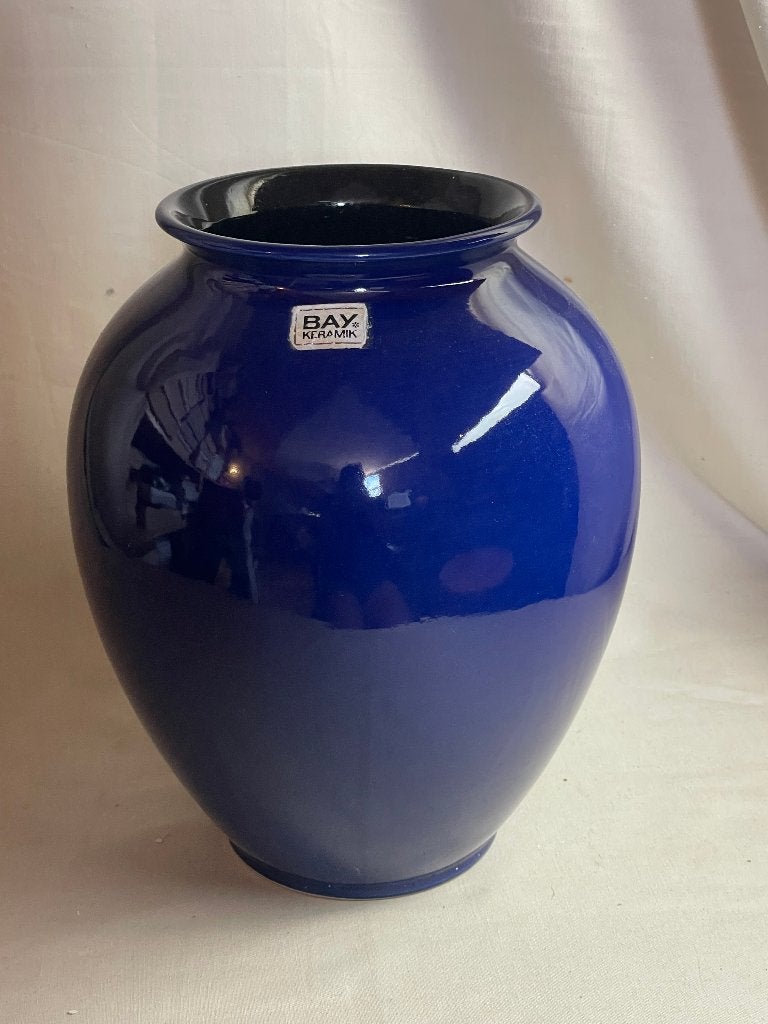 Vintage blauwe aardewerken vaas Bay keramik 650-26, 26 cm, Gebruikt, Blauw, Ophalen of Verzenden